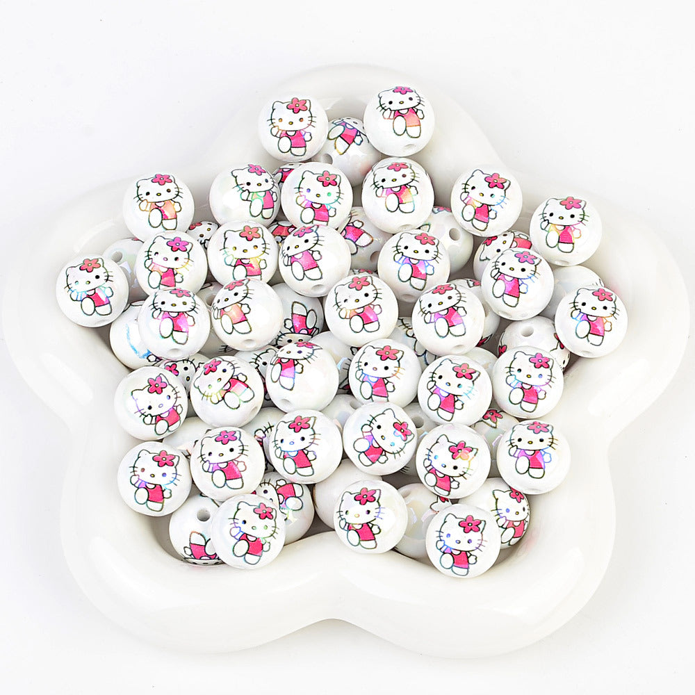 100Pcs printed Sanrio Hello Kitty hallo KT straight hole round beads DIY jewelry loose beads mobile phone chain bead pen accessories