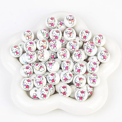 100Pcs printed Sanrio Hello Kitty hallo KT straight hole round beads DIY jewelry loose beads mobile phone chain bead pen accessories