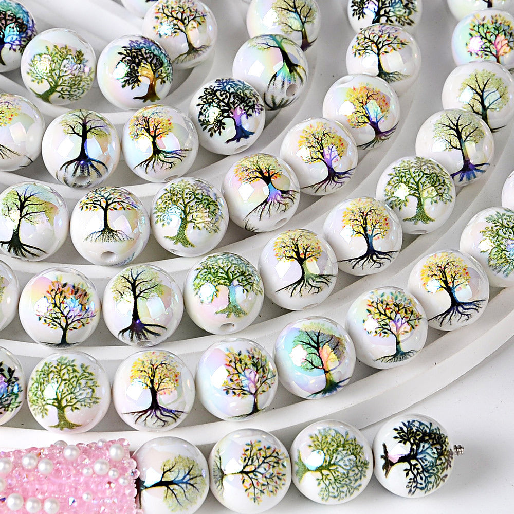 100Pcs 16mm acrylic solid color double-sided printing Tree of Life straight hole round bead DIY bracelet pendant jewelry accessories