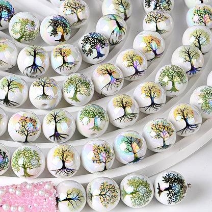 100Pcs 16mm acrylic solid color double-sided printing Tree of Life straight hole round bead DIY bracelet pendant jewelry accessories