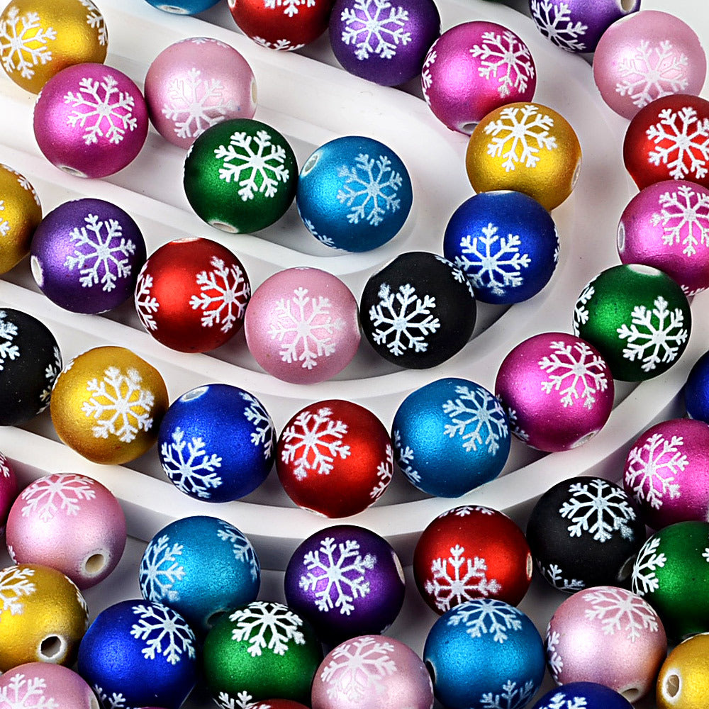 100Pcs matte feel paint Christmas series three-sided printing snowflake straight hole round bead DIY jewelry mobile phone chain bead pen accessories