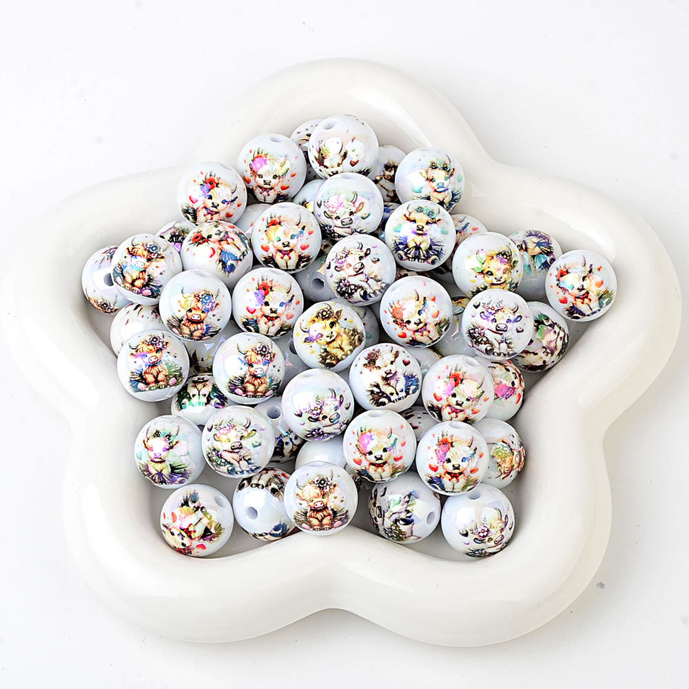 100Pcs acrylic double-sided printing cow head pattern straight hole round beads DIY mobile phone rope keychain string pen accessories wholesale