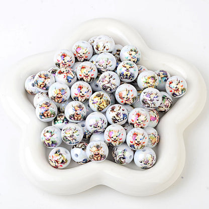 100Pcs acrylic double-sided printing cow head pattern straight hole round beads DIY mobile phone rope keychain string pen accessories wholesale
