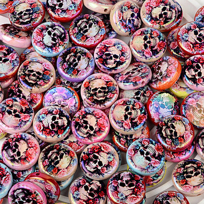 100Pcs Double-sided Printing Rose Surround Skull Round Piece Vertical Hole Beads DIY Mobile Phone Rope Keychain Chain Pen Accessories