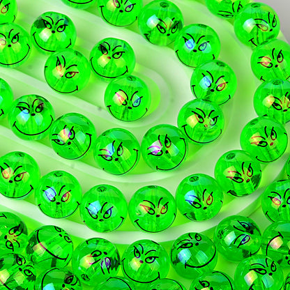 100Pcss 16mm fluorescent green Grinch expression acrylic through-hole round beads DIY handmade jewelry loose bead accessories wholesale
