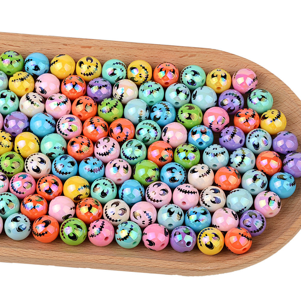 100Pcs Halloween Plated Skull Smiley Face Through Hole Round Beaded DIY Mobile Phone Chain Keychain Accessories Decorative Loose Beads