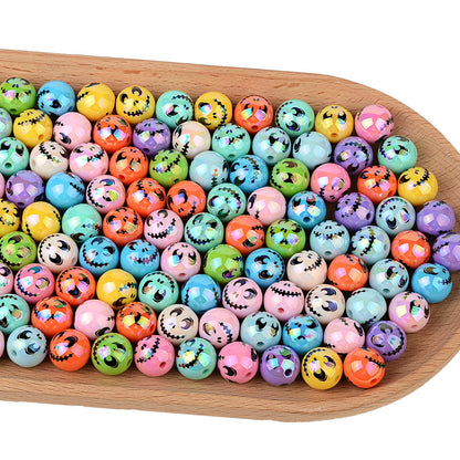 100Pcs Halloween Plated Skull Smiley Face Through Hole Round Beaded DIY Mobile Phone Chain Keychain Accessories Decorative Loose Beads