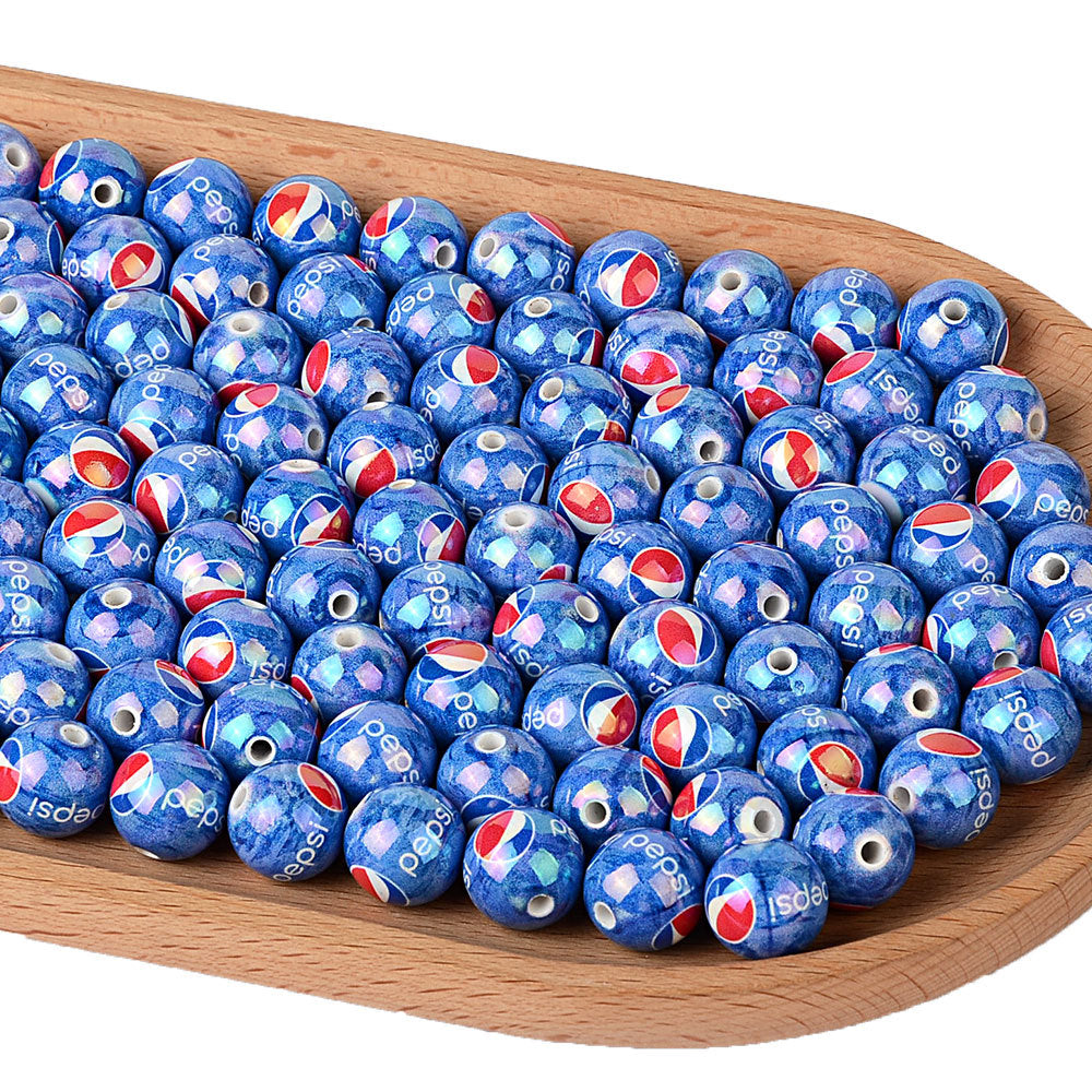 American beverage printed acrylic round bead blue bottom soda mark straight hole loose bead DIY bracelet keychain jewelry