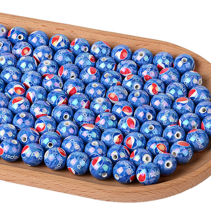 American beverage printed acrylic round bead blue bottom soda mark straight hole loose bead DIY bracelet keychain jewelry