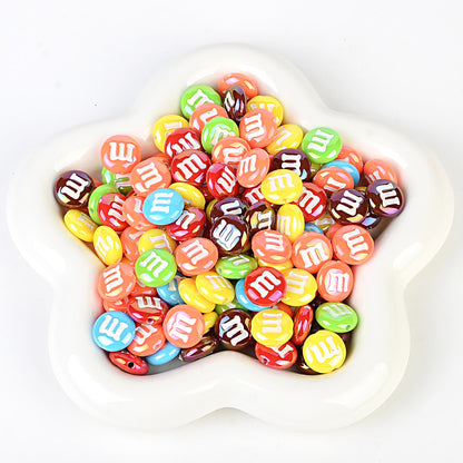 100Pcs cross-border popular 14mm acrylic mixed color M bean flat bead beaded DIY mobile phone chain keychain material jewelry