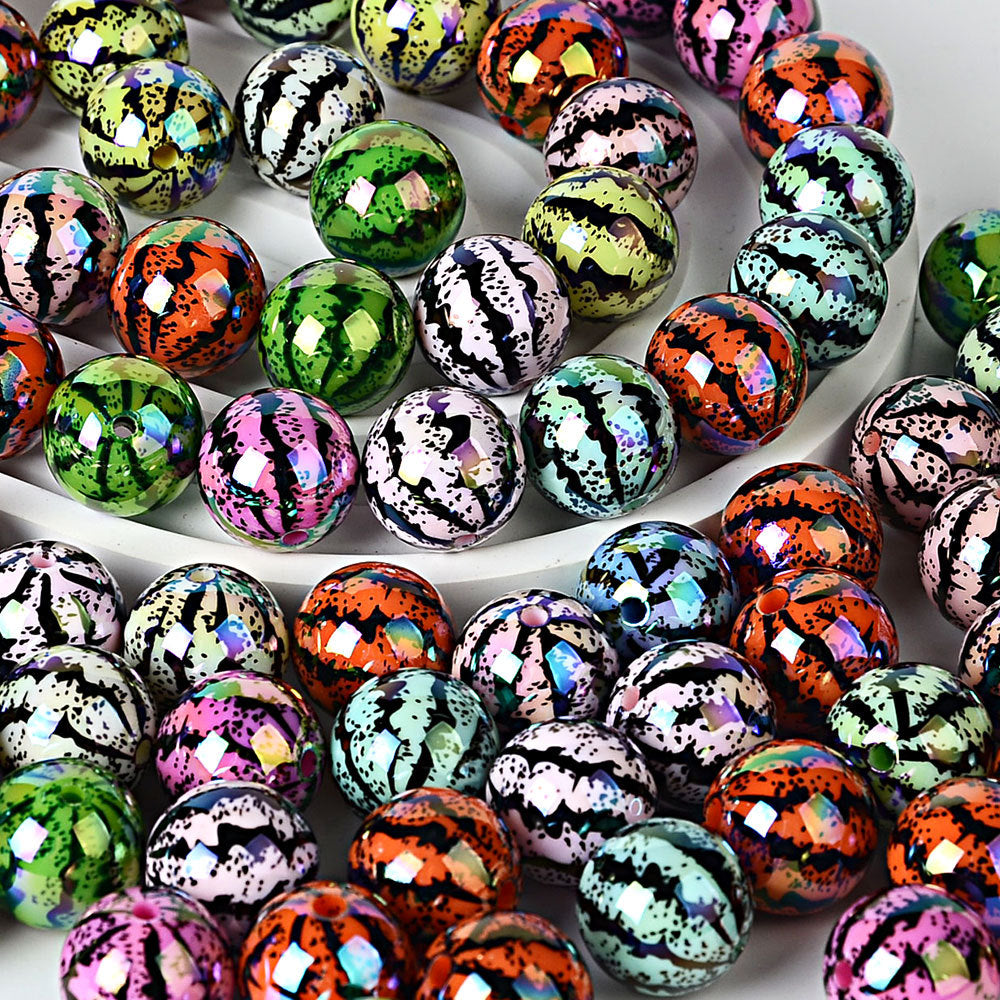 100Pcs acrylic printing plated bright green skin watermelon round beads DIY handmade string loose bead pen bracelet mobile phone chain jewelry accessories