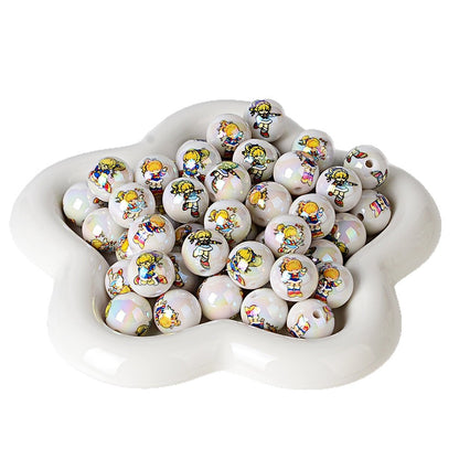 100PCS16mm acrylic plated uv printing cartoon rainbow fairy straight hole round bead DIY mobile phone rope keychain accessories