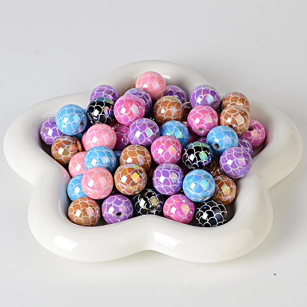 100Pcs acrylic UV plated colored fish scale pattern straight hole round bead DIY mobile phone chain keychain bead pen accessories material
