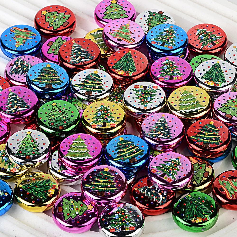 100Pcs 24mm metallic Christmas series printed through-hole flat beads DIY mobile phone bag chain jewelry accessories wholesale