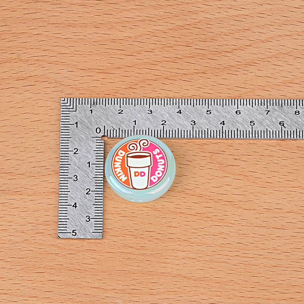 100Pcs 24mm round cake bead printing coffee cup acrylic through-hole beads DIY handmade beaded keychain accessories wholesale