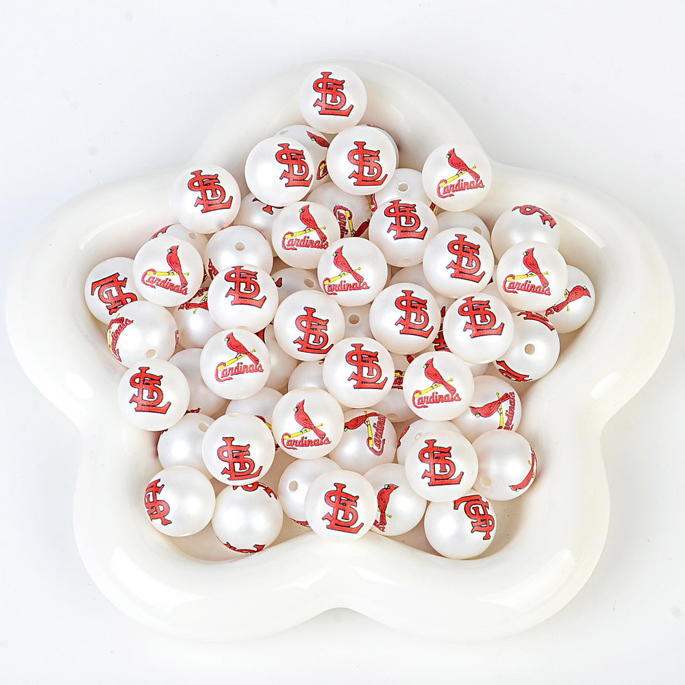 100Pcs 16mm frosted printing MLB baseball league round beads loose beads DIY bead pen car hanging baseball team accessories