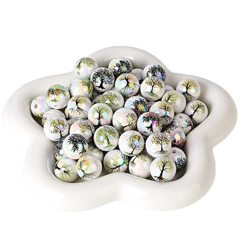 100Pcs 16mm acrylic solid color double-sided printing Tree of Life straight hole round bead DIY bracelet pendant jewelry accessories