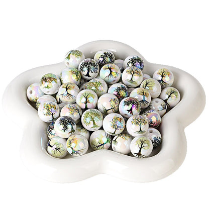 100Pcs 16mm acrylic solid color double-sided printing Tree of Life straight hole round bead DIY bracelet pendant jewelry accessories