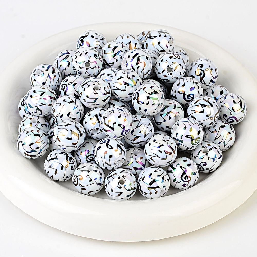 100Pcs new color music symbol printing straight hole round beads DIY mobile phone chain bead pen plated color jewelry accessories wholesale