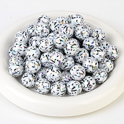 100Pcs new color music symbol printing straight hole round beads DIY mobile phone chain bead pen plated color jewelry accessories wholesale