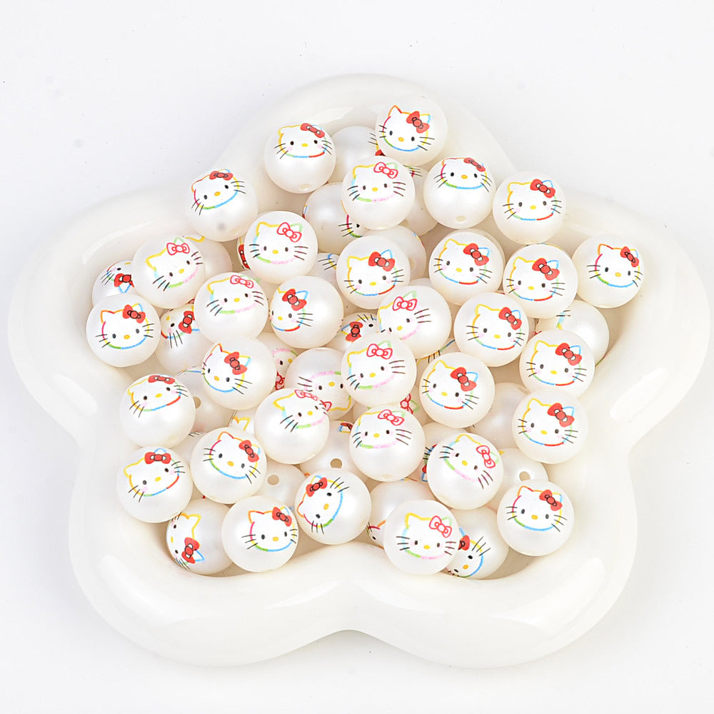 100Pcs printed Sanrio Hello Kitty hallo KT straight hole round beads DIY jewelry loose beads mobile phone chain bead pen accessories