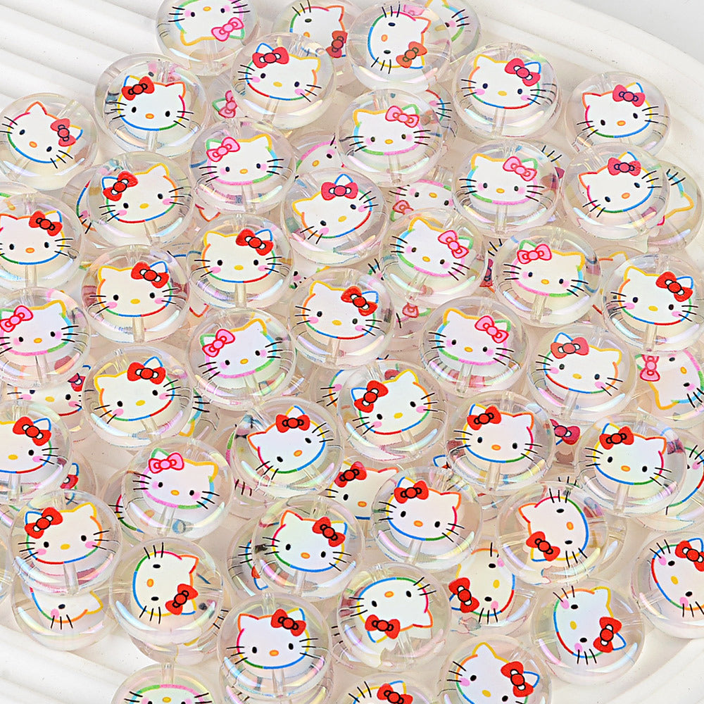 100Pcs acrylic loose beads double-sided printed hallo KT cat straight hole disc beads DIY jewelry mobile phone chain bead pen with