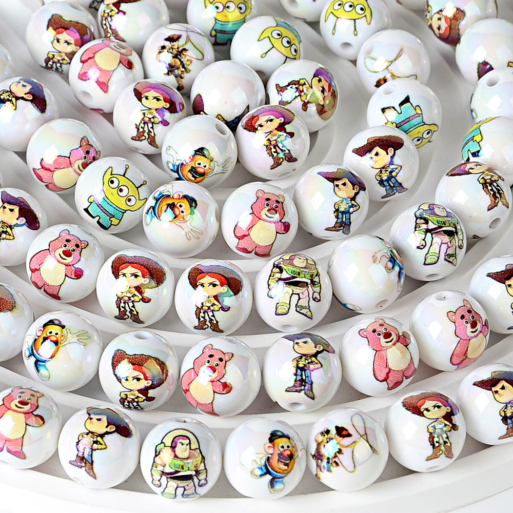 100Pcs 16mm acrylic double-sided printing Toy Story straight hole round beads DIY mobile phone rope keychain pen accessories