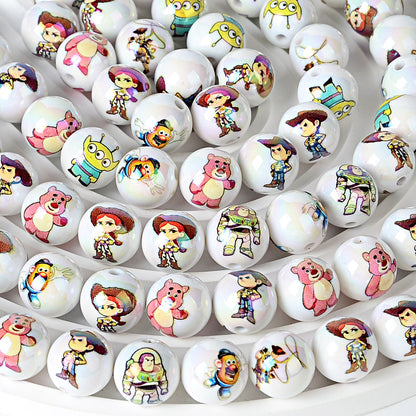 100Pcs 16mm acrylic double-sided printing Toy Story straight hole round beads DIY mobile phone rope keychain pen accessories