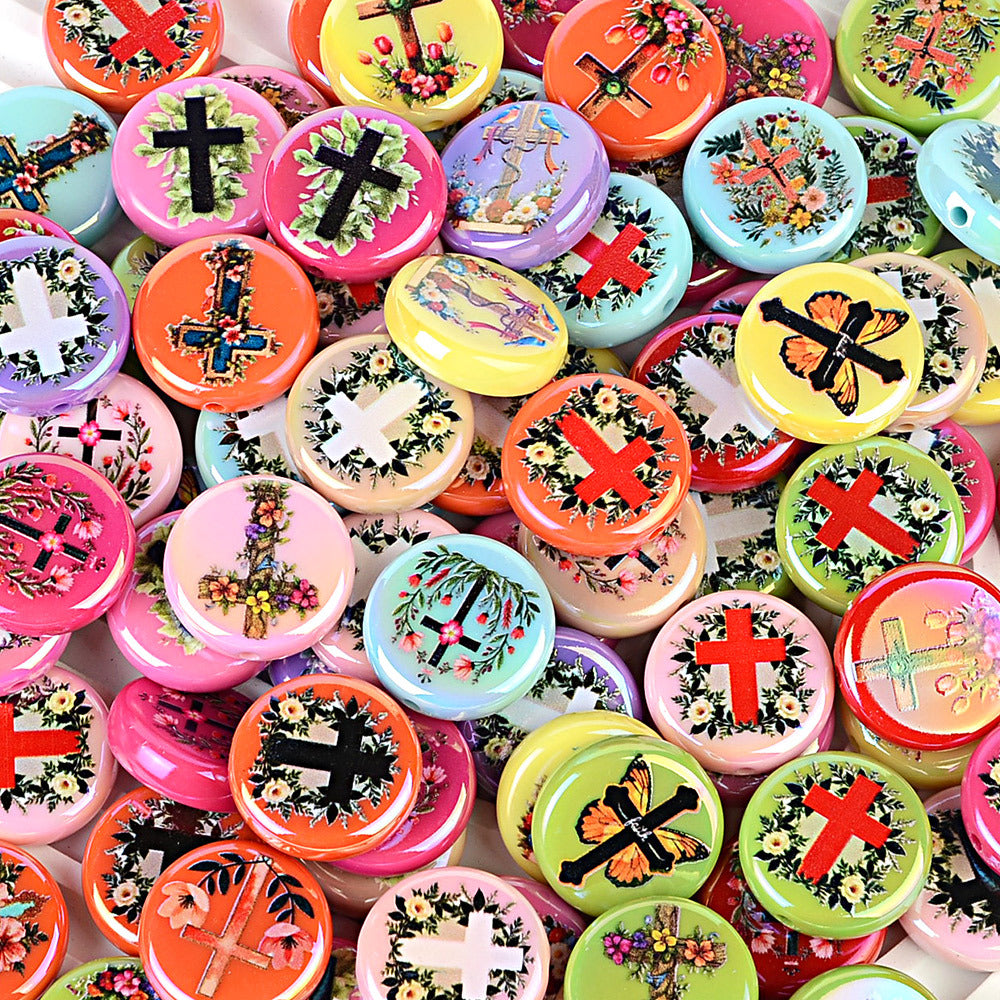 100Pcs new acrylic wreath solid color printing round bead cross straight hole bead loose bead DIY bracelet jewelry accessories
