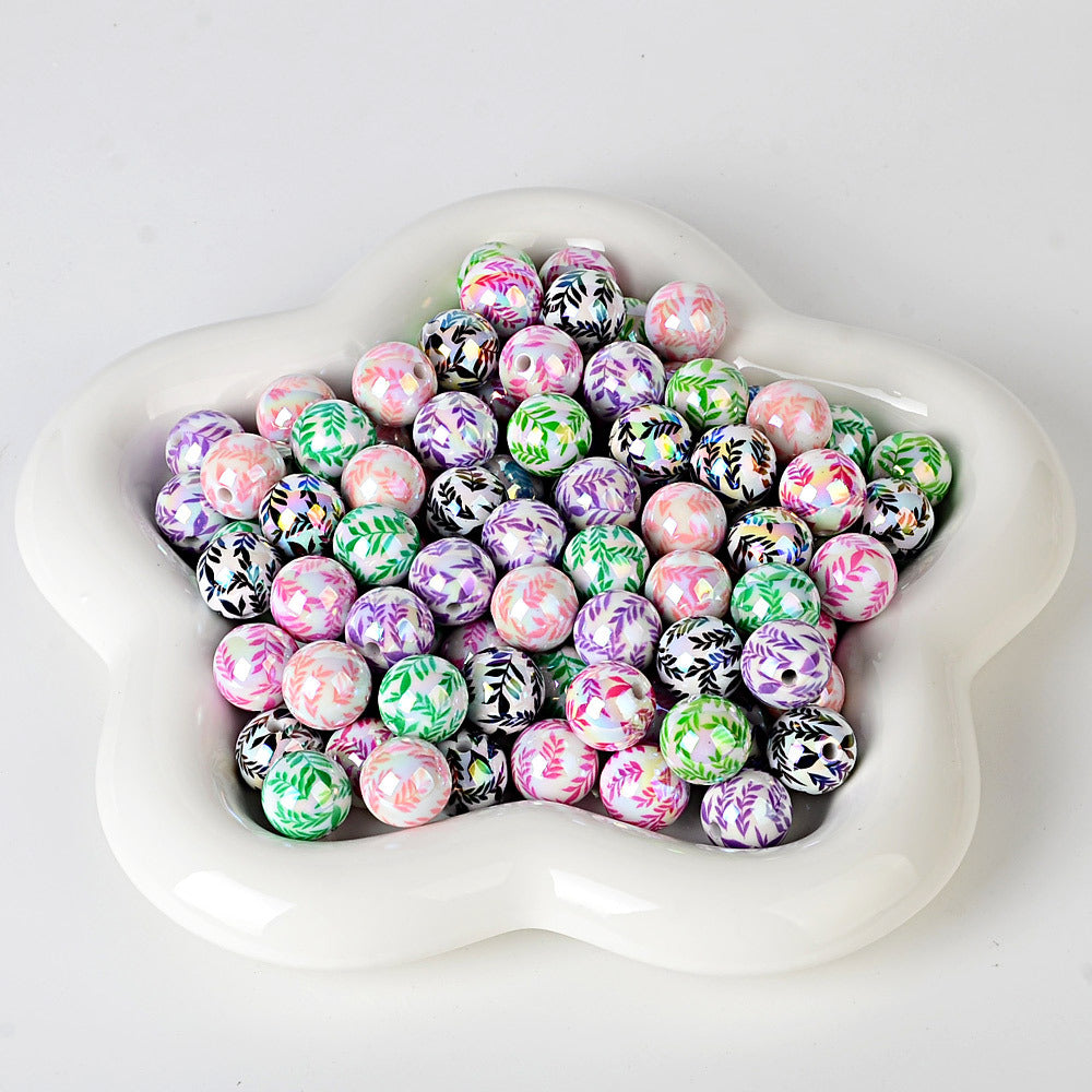 100Pcs 16mm acrylic plated color printed willow leaf round beads DIY handmade beaded loose beads mobile phone chain jewelry accessories