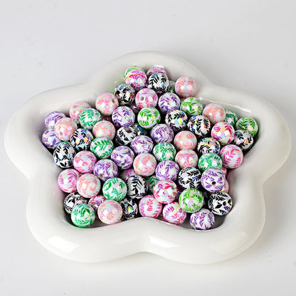 100Pcs 16mm acrylic plated color printed willow leaf round beads DIY handmade beaded loose beads mobile phone chain jewelry accessories