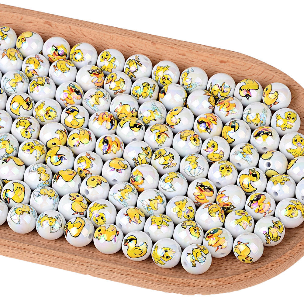 100Pcs acrylic UV plating color printing cartoon small yellow duck through hole round beads DIY handmade beaded mobile phone chain jewelry loose beads