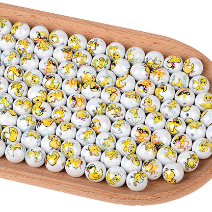 100Pcs acrylic UV plating color printing cartoon small yellow duck through hole round beads DIY handmade beaded mobile phone chain jewelry loose beads