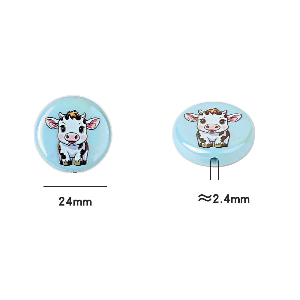 100Pcs acrylic printing cartoon small cow round vertical hole beads DIY mobile phone rope keychain string pen matching