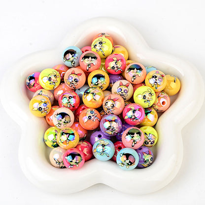 100Pcs acrylic printing cartoon flying police girl straight hole round beads DIY handmade jewelry accessories spot wholesale