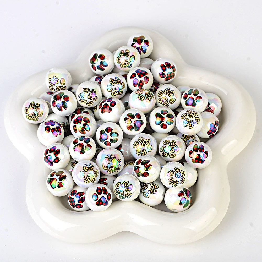 100Pcs 16mm acrylic plated uv leopard pattern plaid printing cat paw printing straight hole round beads DIY handmade loose beads jewelry accessories