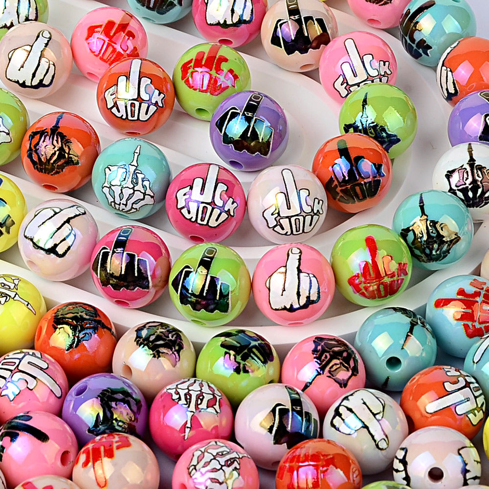 100Pcs multi-color colorful skull palm printing acrylic round beads American street punk style DIY loose bead accessories wholesale