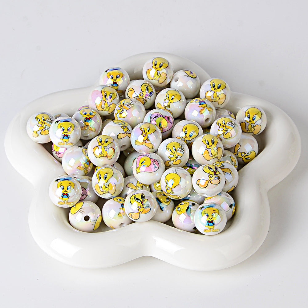 100Pcs 16mm acrylic solid color printing cartoon small yellow bird straight hole round beads, sub handmade DIY mobile phone rope jewelry accessories