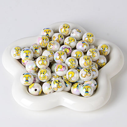 100Pcs 16mm acrylic solid color printing cartoon small yellow bird straight hole round beads, sub handmade DIY mobile phone rope jewelry accessories