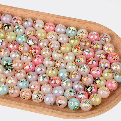 100Pcs new printed cross beaded fashionable versatile acrylic round beads high value DIY mobile phone chain printed loose beads