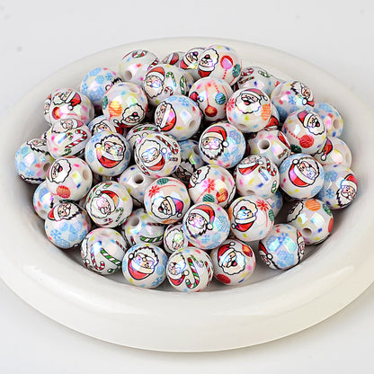 100Pcs Christmas elements UV plated Santa Claus Christmas tree straight hole round beads beaded DIY mobile phone chain pen accessories