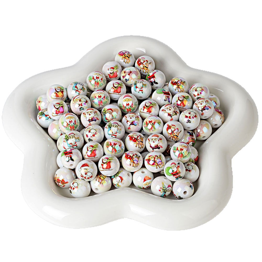 100Pcs 16mm solid color Christmas beads printed Santa Claus Christmas tree beaded DIY mobile phone chain bag chain accessories
