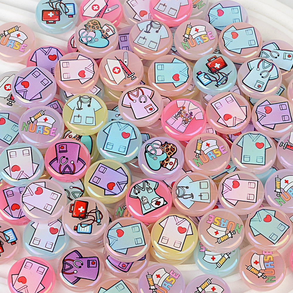100Pcs acrylic disc bead printing medical clothing straight hole round bead DIY mobile phone rope keychain bead pen accessories