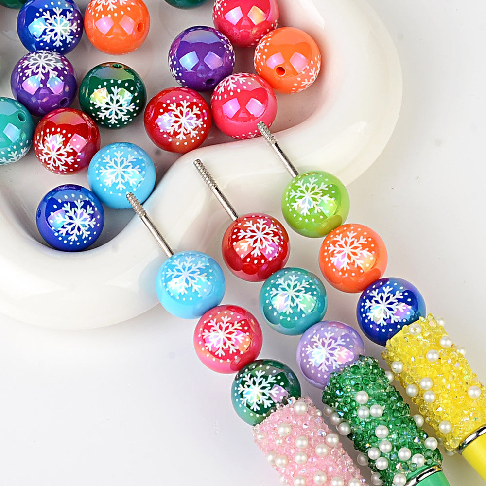 100Pcs acrylic UV plating color printing color Christmas snowflake round beads DIY handmade jewelry beaded material accessories