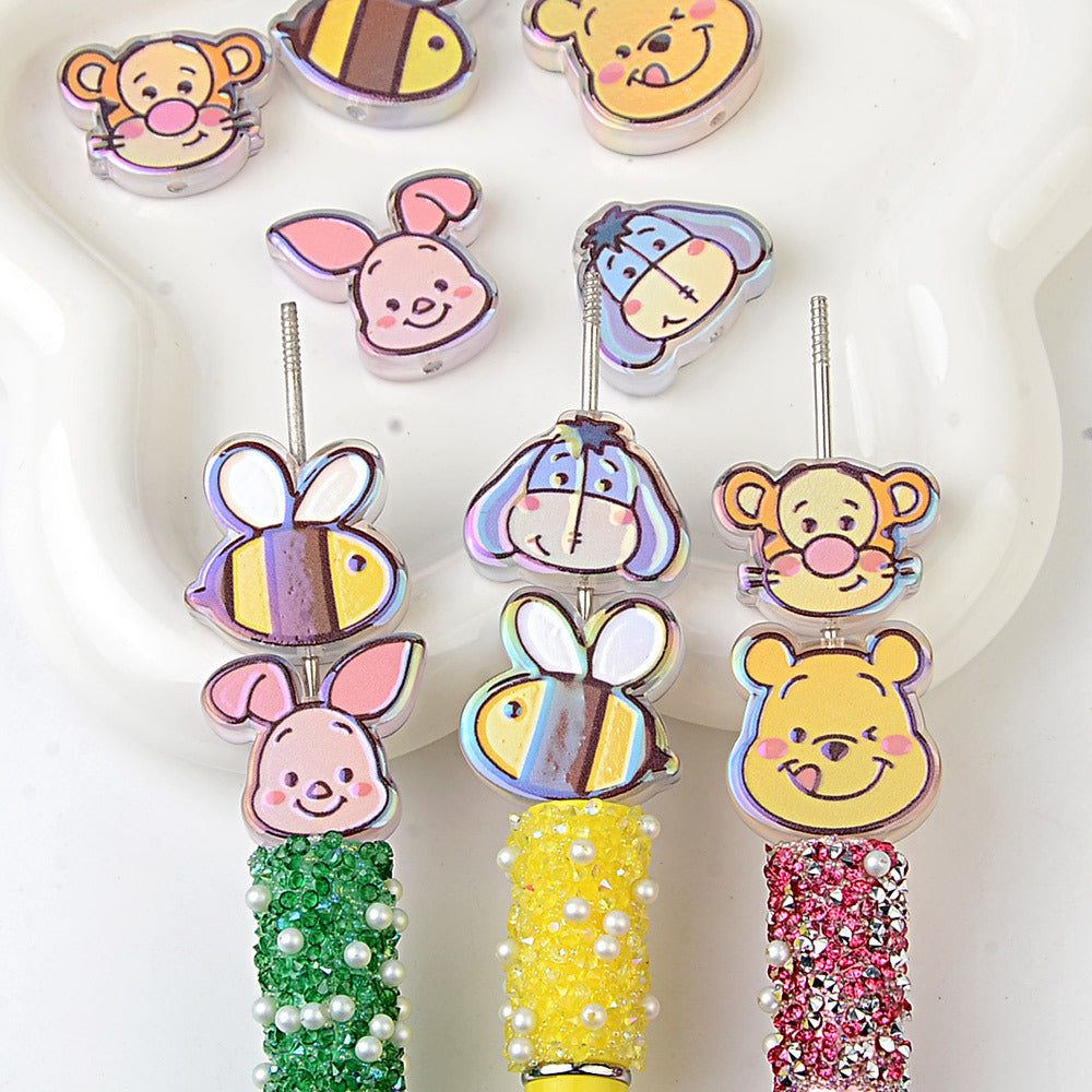 100Pcs through hole Winnie the Pooh series double-sided cartoon film beaded DIY mobile phone key bag chain handmade material accessories