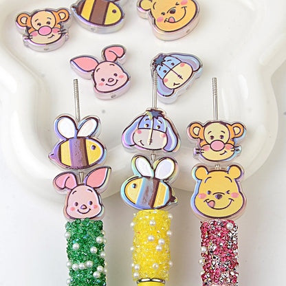 100Pcs through hole Winnie the Pooh series double-sided cartoon film beaded DIY mobile phone key bag chain handmade material accessories