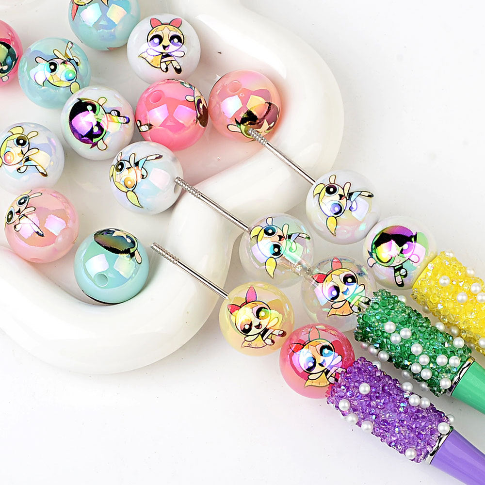 100Pcs acrylic printing cartoon flying police girl straight hole round beads DIY handmade jewelry accessories spot wholesale