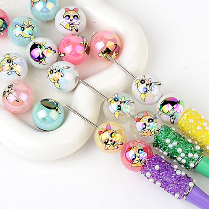 100Pcs acrylic printing cartoon flying police girl straight hole round beads DIY handmade jewelry accessories spot wholesale