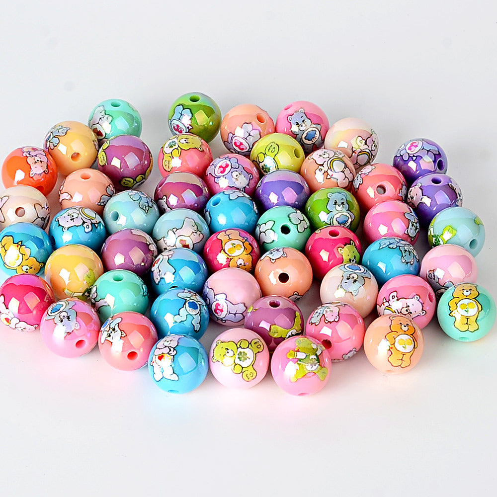 100Pcs Cross-border 16mm acrylic rainbow bear cartoon pattern printed beads round beads DIY bead pen jewelry accessories