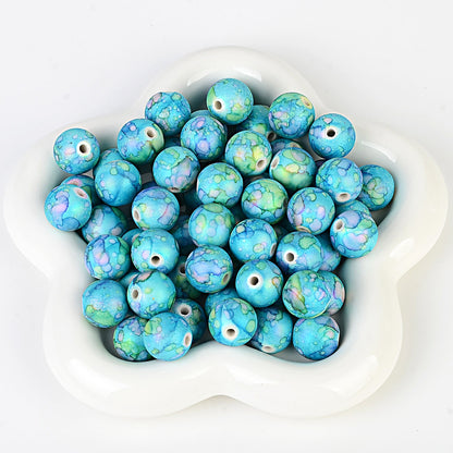 100Pcs acrylic feel gradual change color imitation ceramic flower beads straight hole pattern round beads beaded DIY bracelet necklace jewelry